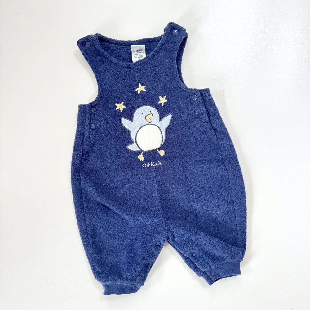 Vintage 90's OshKosh B'gosh Fleece Romper Overalls Navy Blue Penguin 0-3 Months